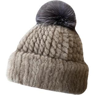 新款冬韩版水貂帽子女可爱狐狸毛球球皮草帽保暖护耳真貂毛编织帽