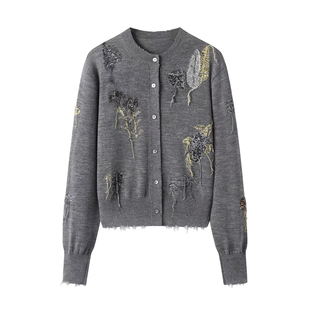 灰色针织开衫外套女士2025新款秋季气质长袖羊毛宽松毛衣薄款上衣