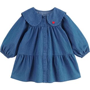 马克珍妮女童娃娃领牛仔连衣裙宝宝裙子儿童A字裙秋装新款241056