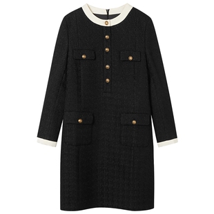 LANCY/朗姿2025冬新款羊毛小香风粗花呢连衣裙气质长袖圆领黑裙子