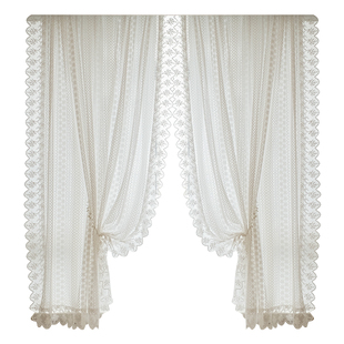 法式白色蕾丝纱帘透光不透人2026年新款卧室飘窗窗帘双层带纱短帘
