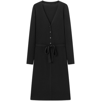 爱居兔黑色薄款V领针织开衫女2025年秋季新款气质显瘦中长款外套