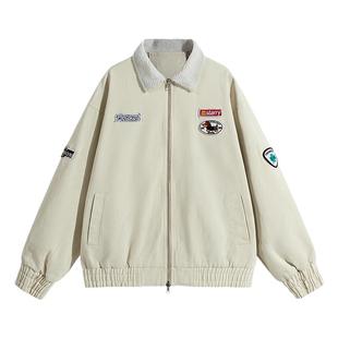 美式复古学院风刺绣夹克男春秋羊羔毛翻领棉服潮牌高级感保暖外套