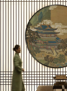 新中式圆形玄关装饰画中国风古建筑楼阁壁画客厅茶室书房墙壁挂画