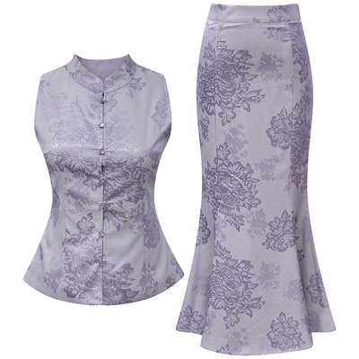 新中式提花缎面上衣半身裙两件套