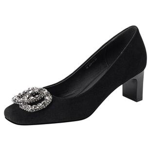 星期六2025新款法式方头粗跟浅口单鞋女夏季配裙子不累脚高跟鞋