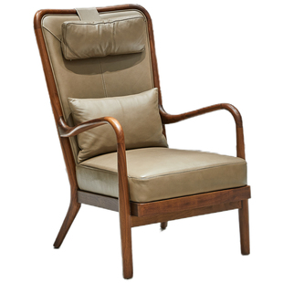 意式轻奢扶手椅北美黑胡桃木设计师沙发椅实木真皮休闲椅高背椅子