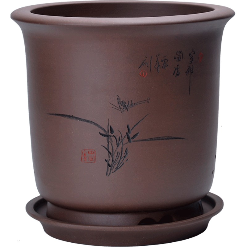 宜兴紫砂君子刻绘大小底型兰花盆