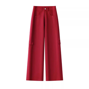 红色加绒阔腿牛仔裤女春秋季2026新款高腰直筒垂感加厚休闲工装裤