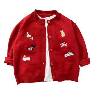 男童毛衣开衫春秋季儿童针织衫外套秋装韩版红色圆领中童小童男孩