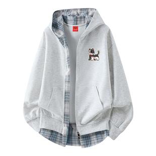 查尔斯桃心 假两件拼接格子连帽开衫卫衣男女秋冬加绒魔术贴外套