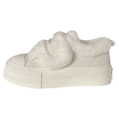 奶白加绒小白鞋女大头冬季新款chic小众厚底毛毛棉鞋学生二棉板鞋