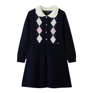 eland kids衣恋童装女童针织连衣裙26秋冬新品学院风娃娃领演出服