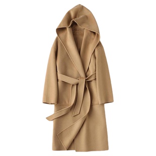 法式慵懒高支小羊绒连帽浴袍双面呢大衣系带呢子外套中长款时尚女