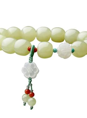 和田玉鸡油黄天然算盘珠莲花手链