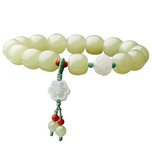 四通新疆和田玉黄口料手串鸡油黄老型珠子天然黄玉手链算盘珠莲花