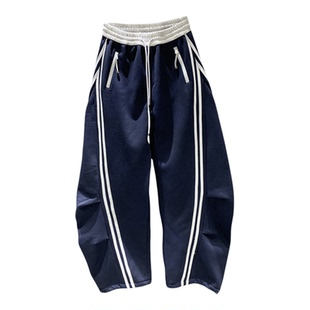 2025年秋冬新款美式条纹设计休闲阔腿裤女百搭宽松加绒加厚弯刀裤