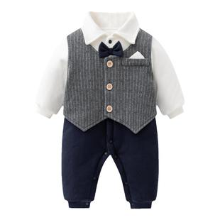 婴儿连体衣秋冬季衣服一周岁男宝宝少爷服夹棉加厚小西装百天日宴
