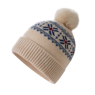 费尔岛风~100%纯山羊绒提花毛球帽女秋冬复古保暖护耳针织防寒帽