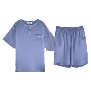 美标真丝睡衣男款夏100%桑蚕丝绸家居服套装爸父亲短袖短裤T恤24
