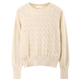 米皇秋季新款圆领套头羊绒衫女上衣休闲绞花纯色纯羊绒针织衫