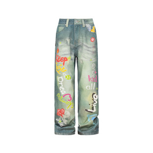 KZDALL原创设计蕾丝涂鸦logo打印牛仔裤美式街头休闲直筒宽松男女