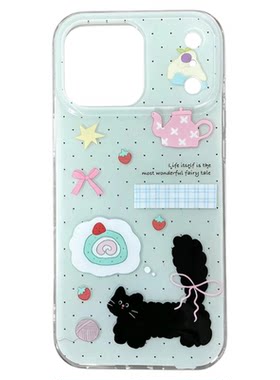 韩系ins可爱夏日薄荷绿小黑猫卡通插画双层印花手机壳适用iPhone17promax全包边16苹果15防摔14保护套