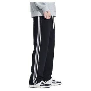 HomePanda重磅侧边条纹卫裤男秋冬款美式宽松直筒休闲加绒运动裤