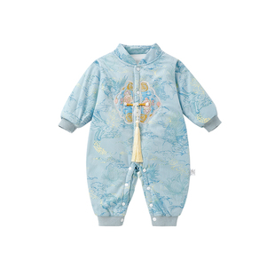 婴儿衣服春秋季薄款连体衣复古中国风唐装男女宝宝满月百天拍照服