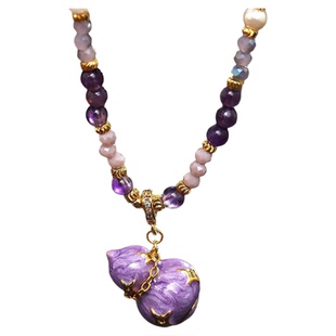 2026款新中式珐琅紫葫芦吊坠串珠项链配饰女长款珍珠高级感毛衣链