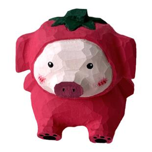 草莓猪 没烦恼 可爱小猪摆件木雕纯手工雕刻桌面装饰品礼物礼品