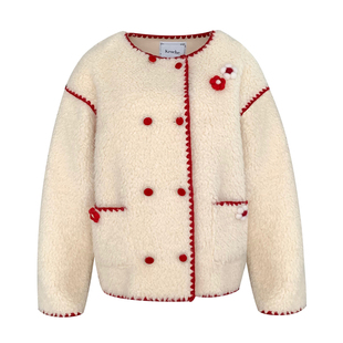 Kroche 香风双排扣花朵羊羔毛外套冬季保暖厚款女秋冬季