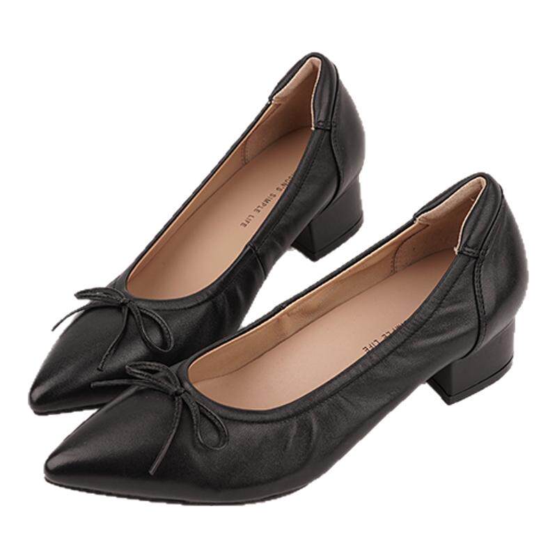 特惠壹家shoes035045羊皮3.5cm中跟尖头芭蕾风浅口单鞋女百搭女鞋