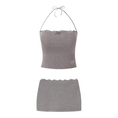 Mess蕾丝抹胸挂脖吊带半裙套装