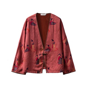 一丝牵100%桑蚕丝真丝香云纱提花茶服外套国风小唐人宽松开衫早春