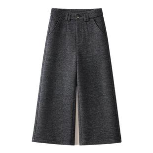 拉夏贝尔毛呢九分阔腿裤女冬季新款8分加绒直筒八分裤小个子裤子