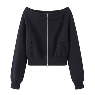 艾诺丝锦瑟2026春季新款一字领时尚长袖拉链短外套女上衣551109