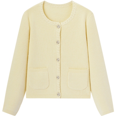 爱居兔浅黄色减龄针织开衫女2026年春季新款舒适软糯长袖毛衣外套