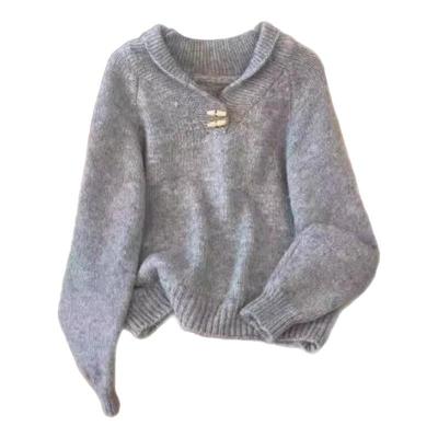 新款韩系翻领牛角扣针织衫