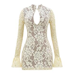 House of CB 御姐性感风黄油色镂空蕾丝长袖迷你连衣裙Brianna