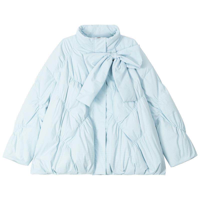 KEIKO 立体感分割蓝色加厚羽绒服女25冬季可卸蝴蝶结饰面包服外套