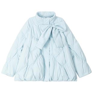 KEIKO 立体感分割蓝色加厚羽绒服女25冬季可卸蝴蝶结饰面包服外套