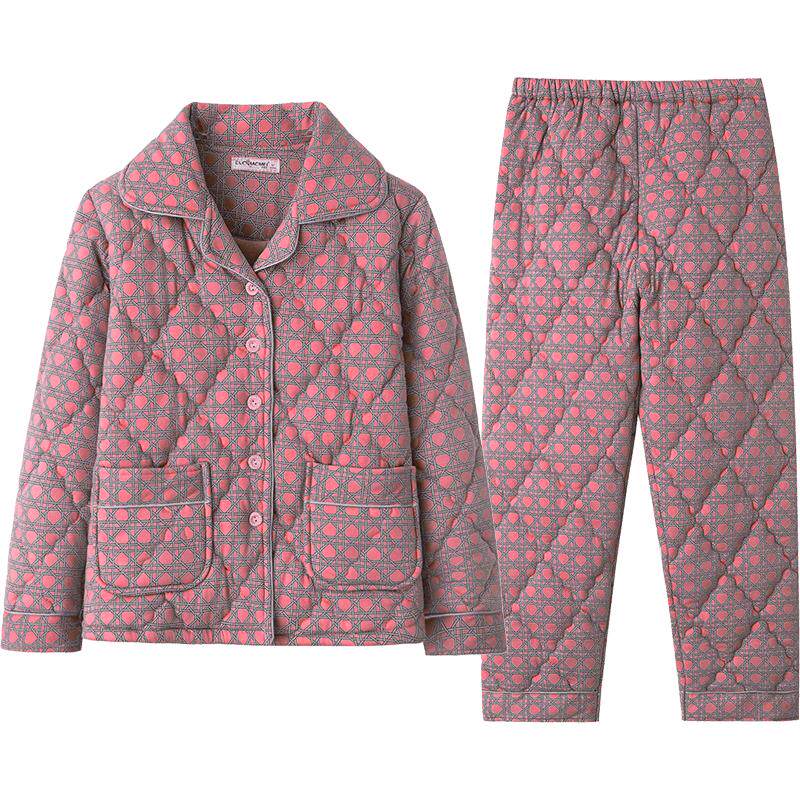 睡衣女秋冬季加厚保暖纯棉夹棉袄加棉全棉冬款三层冬天家居服套装
