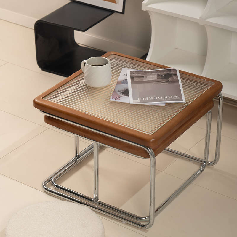 复古原木家用藤编茶几法式简约现代小户型边几客厅方形玻璃黑色桌