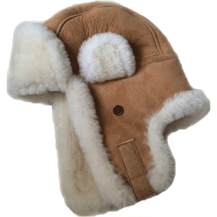 澳洲美利奴羊毛皮毛一体雷锋帽女冬季骑车护耳登山滑雪东北帽子男