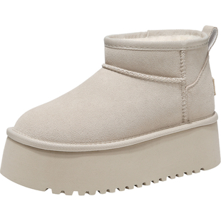 真皮加绒厚底雪地靴女10CM内增高小个子保暖防滑棉鞋冬矮子乐防水