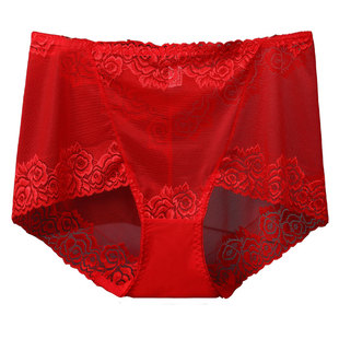 4条中腰大码内裤女蕾丝性感网纱透明收腹女士三角裤头胖MM200斤