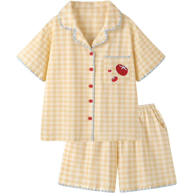 『奶酪番茄』2025新款凉感纯棉睡衣女款夏天带胸垫格纹家居服套装