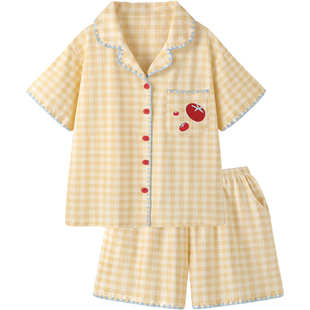 『奶酪番茄』2026新款凉感纯棉睡衣女款夏天带胸垫格纹家居服套装