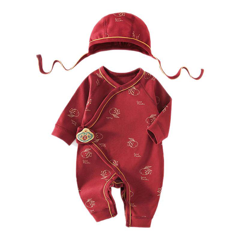 新生婴儿连体衣春秋宝宝满月童装纯棉红新年衣服大红百天爬爬服
